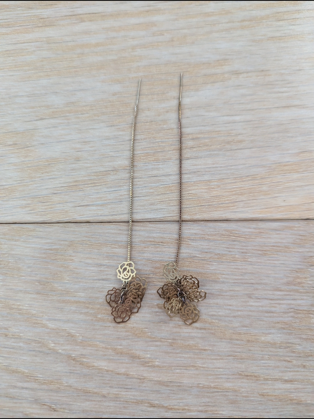 Gold Floral Threader Drop Earrings - Delicate Rose Motif